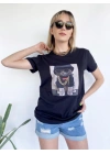 Kadın Ayıcık Baskılı Tshirt Siyah