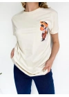 Kadın Ayıcık Baskılı Basic Tshirt Ekru