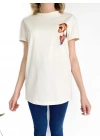 Kadın Ayıcık Baskılı Basic Tshirt Ekru