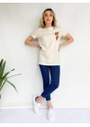 Kadın Ayıcık Baskılı Basic Tshirt Ekru