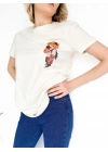 Kadın Ayıcık Baskılı Basic Tshirt Ekru