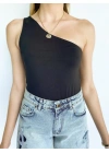 Kadın Tek Omuz Siyah Bodysuit