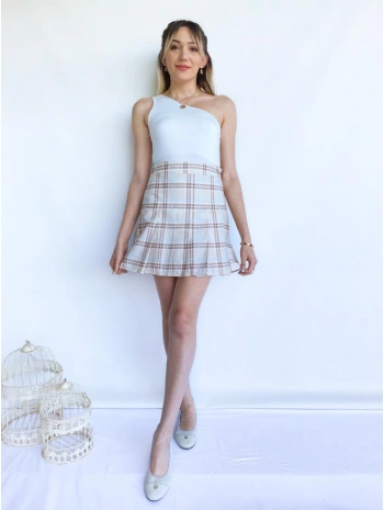 Kadın Ekoseli Pileli Krem Etek