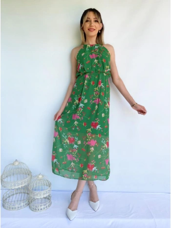 Kadın Halter Yaka Sırt Dekolteli Çiçekli Yeşil Elbise