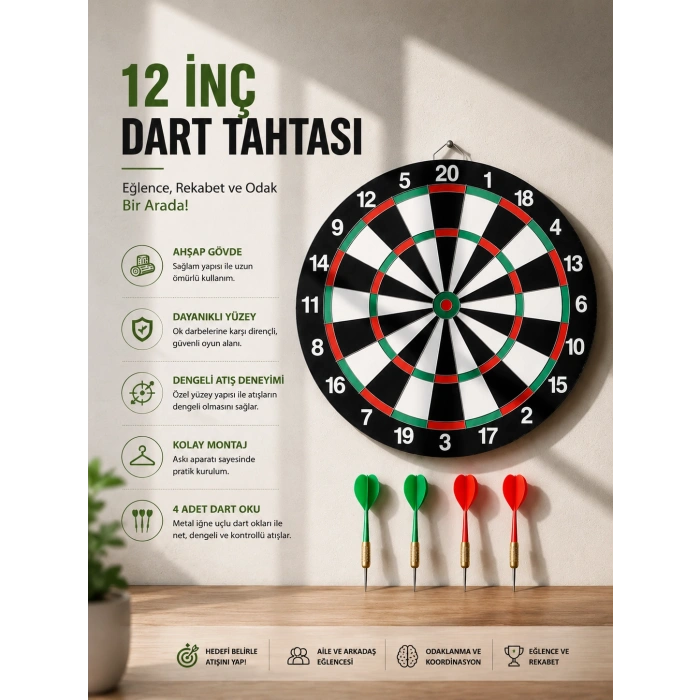 12 İnç Ahşap Dart Tahtası 4 Adet Metal Uçlu Dart Oku Dahil