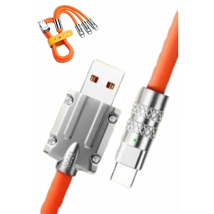 120w Silikon Metal Uçlu Led Işıklı 3 In1 Şarj Kablosu 1.2m