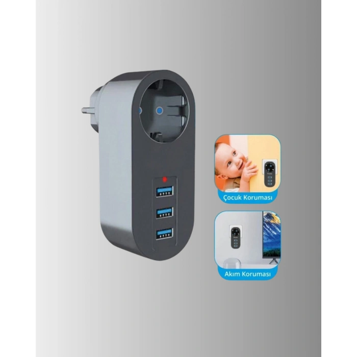 2500w Güç Destekli Akım Korumalı Priz – 3 Usb Çıkışlı