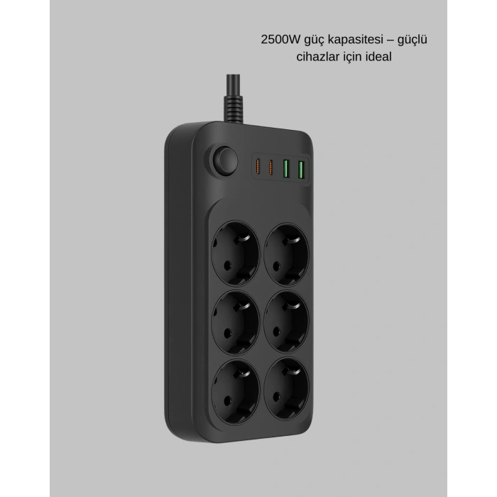 2500w Güçlü 6’lı Priz Usb Ve Type-c Çıkışlı Termal Korumalı