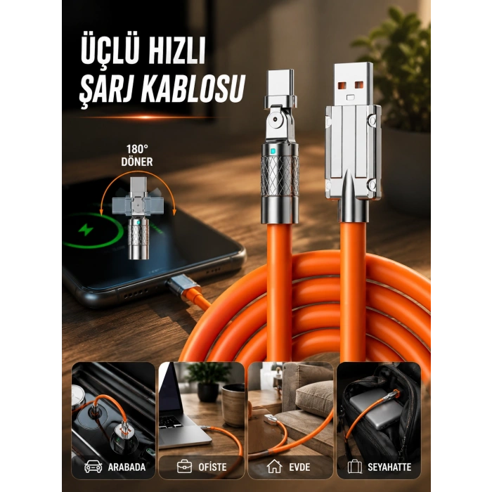 3 İn 1 Süper Hızlı Şarj Kablosu Android Ve İos Uyumlu Silikon Şarj Kablosu