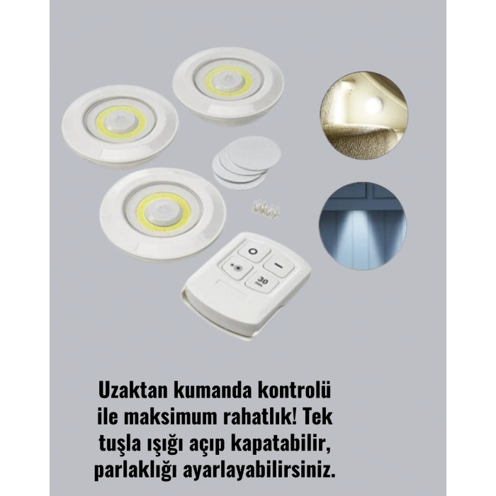 3 Lü Pilli Kablosuz Led Spot Lamba Seti Kumandalı Kolay Montaj Aydınlatma