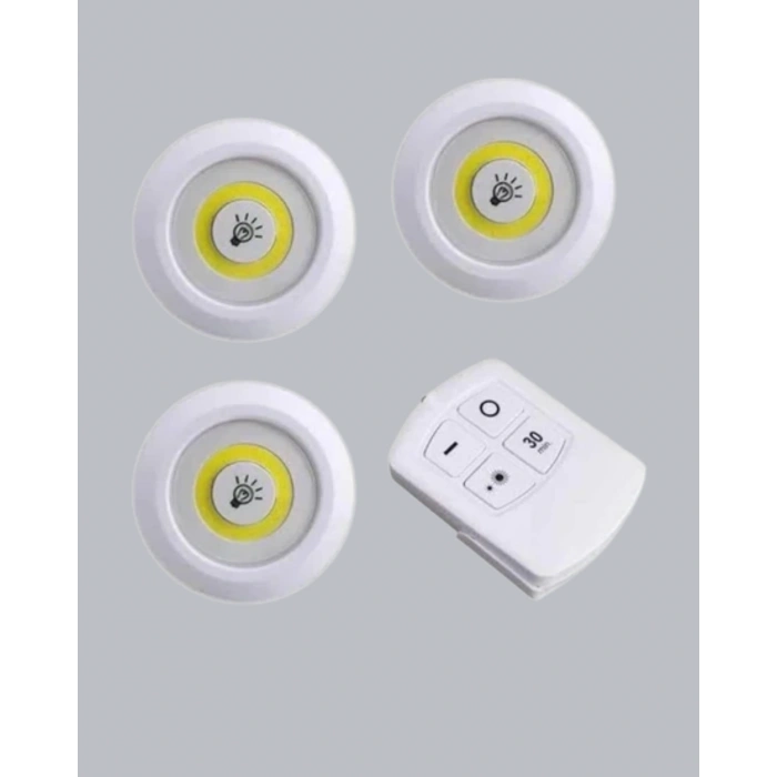 3 Lü Pilli Kablosuz Led Spot Lamba Seti Kumandalı Kolay Montaj Aydınlatma