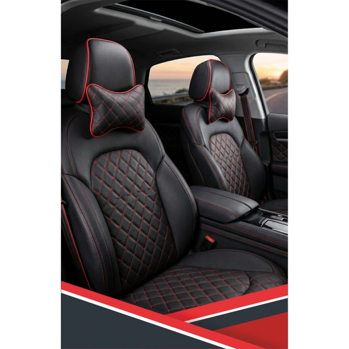 OPEL CORSA UYUMLU ARAÇ-OTO SİYAH DERİ KIRMIZI DİKİŞLİ BOYUN DESTEK YASTIĞI