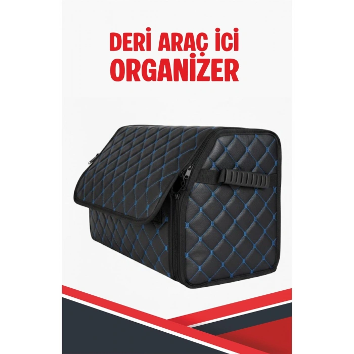 VOLVO EC40 UYUMLU SİYAH DERİ MAVİ DİKİŞLİ ARAÇ İÇİ ORGANİZER
