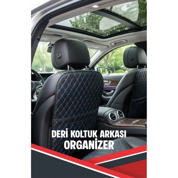 CİTROEN C4 CACTUS UYUMLU 2 ADET SİYAH DERİ MAVİ DİKİŞLİ ARAÇ İÇİ KOLTUK ORGANİZERİ