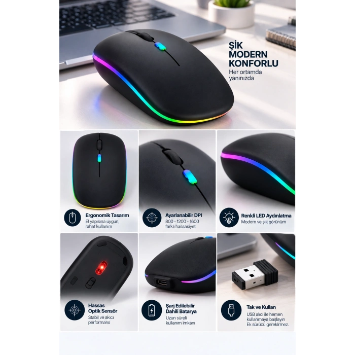 8 10 Metre Menzilli Şarj Edilebilir Kablosuz Mouse