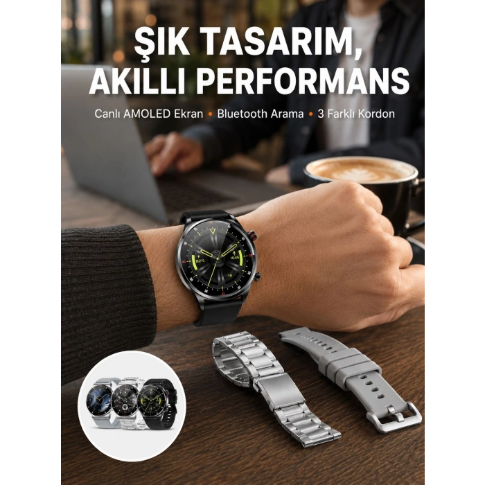 Akıllı Saat Çoklu Kordon Seçeneği Amoled Ekran Çok Fonksiyonlu Bluetooth Bağlantılı Yeni Nesil