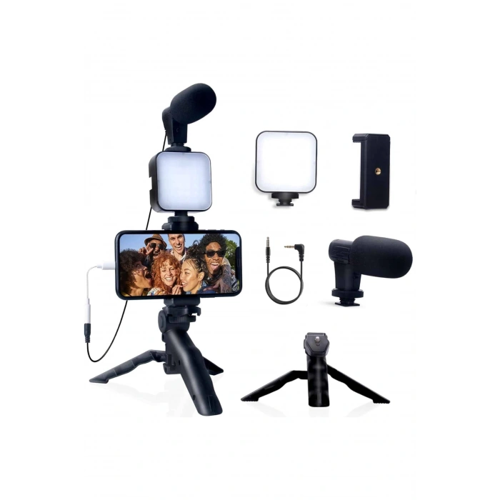 Akıllı Telefon Vlog Kiti Tripod Mini Mikrofonlu Telefon Tutucu