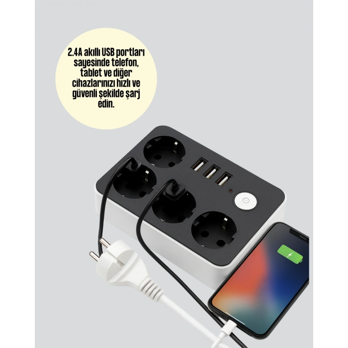 Akım Korumalı 3 Usb Portlu 4’lü Priz 4.1a Hızlı Şarj