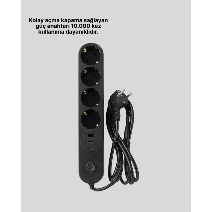 Akım Korumalı Çoklu Priz 4’lü 2 Usb 1 Type-c 2500w Güçlü Tasarım