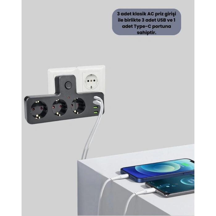 Anahtarlı Çoklu Priz 3 Usb 1 Type-c Hızlı Şarj Destekli