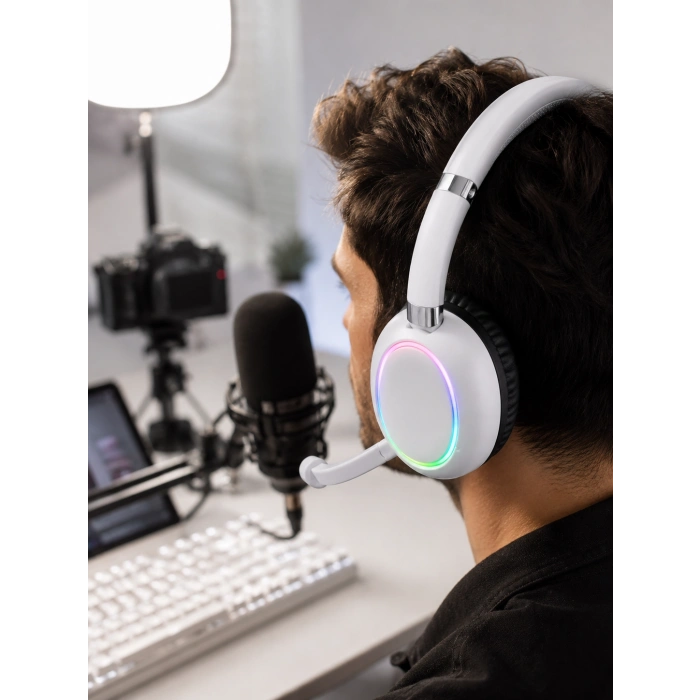 Beyaz Bluetooth 5.0 Mikrofonlu Kablosuz Kulak Üstü Kulaklık Rgb Işıklı Type-c Şarjlı