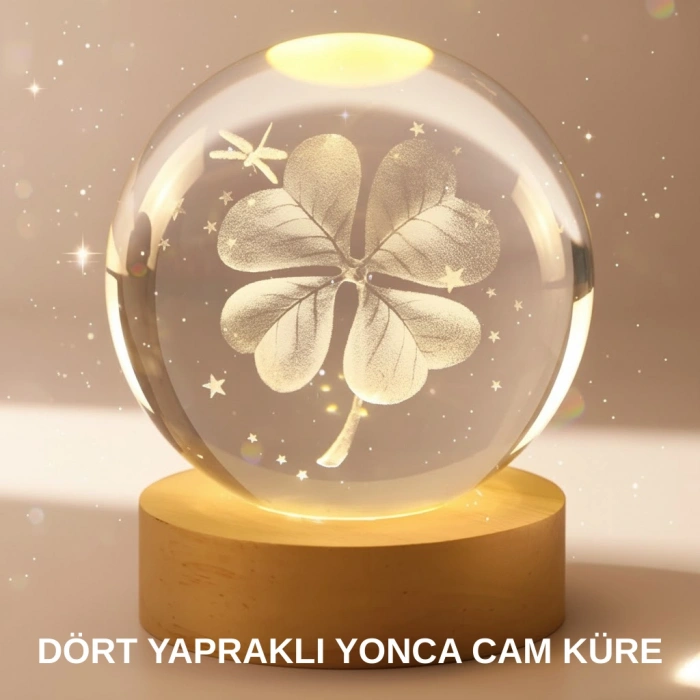 Bitki Temalı Led Işıklı Cam Küre Ahşap Standlı Modern Gece Lambası
