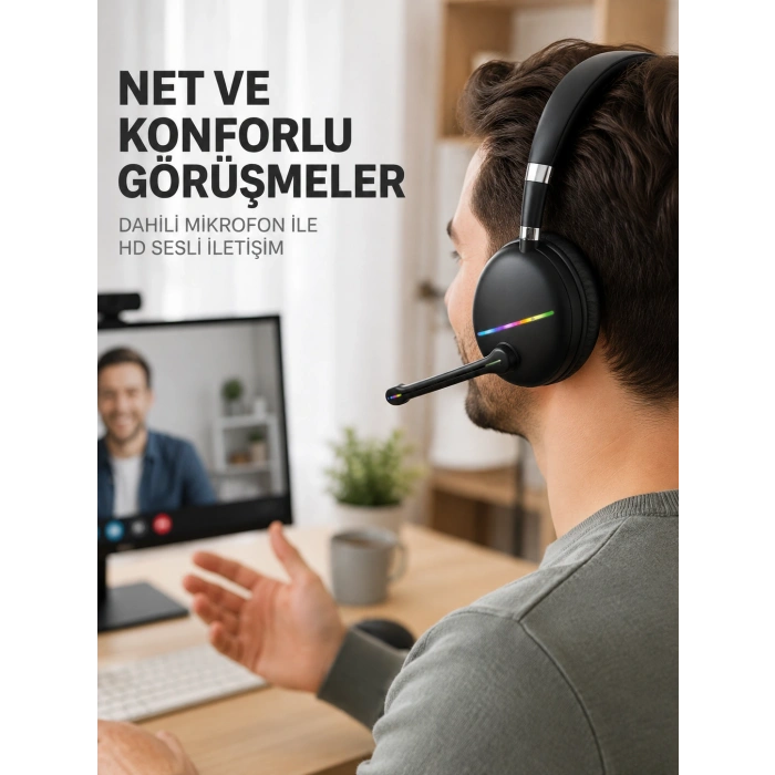 Bluetooth 5.0 Kablosuz Kulak Üstü Kulaklık Mikrofonlu Rgb Aydınlatmalı