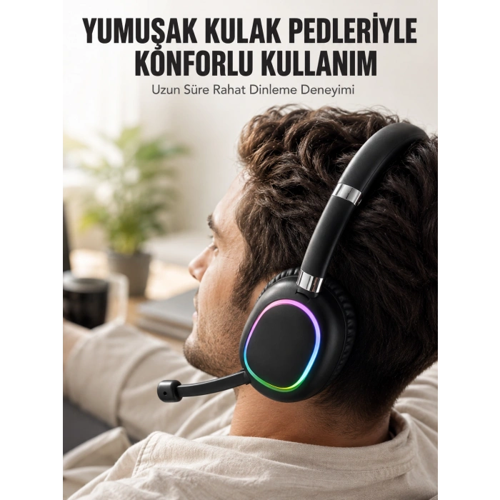 Bluetooth 5.0 Rgb Işıklı Mikrofonlu Kablosuz Kulak Üstü Kulaklık