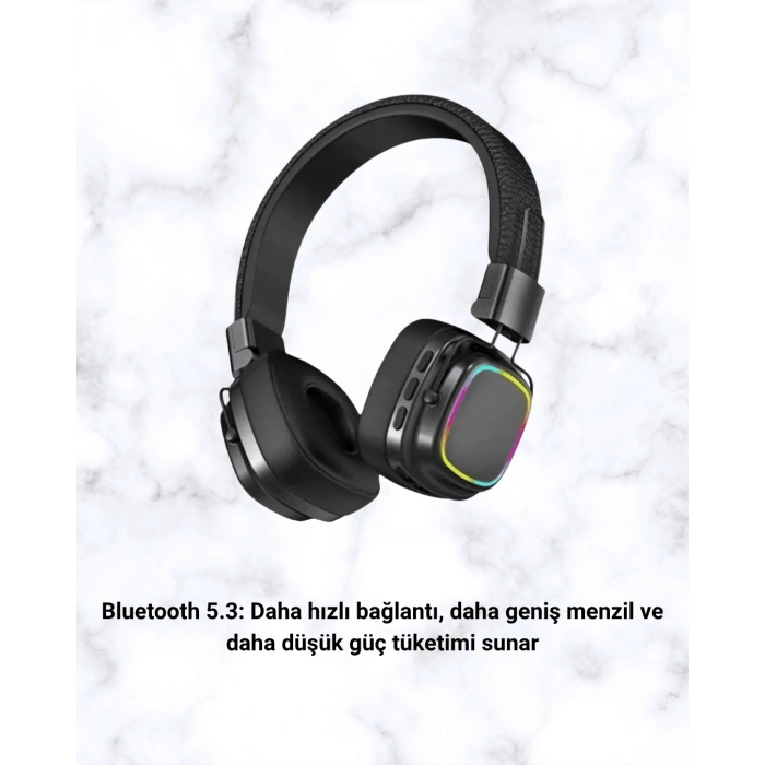 Bluetooth 5.3 Rainbow Işıklı Kulak Üstü Kablosuz Kulaklık Yeni Nesil
