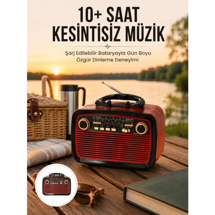 Bluetooth Hoparlör Ahşap Renk Vintage Işıklı Nostaljik Radyo Fm Ahşap Görünümlü Yeni Nesil