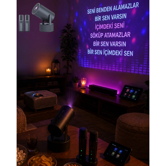 Bluetooth Hoparlörlü Akıllı Projektör Kablosuz Karaoke Mikrofonlu