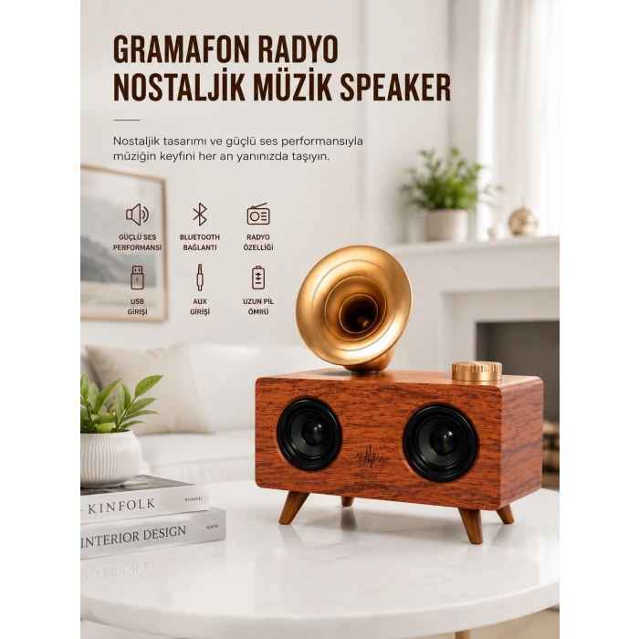 Bluetooth Nostalji Speaker Radyo Gramofon Ahşap Renk Vintage Yeni Nesil