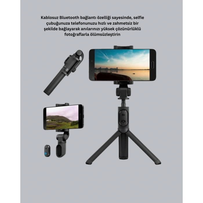 Bluetooth Selfie Çubuğu – 360° Dönebilen Başlık, Kablosuz Bağlantı