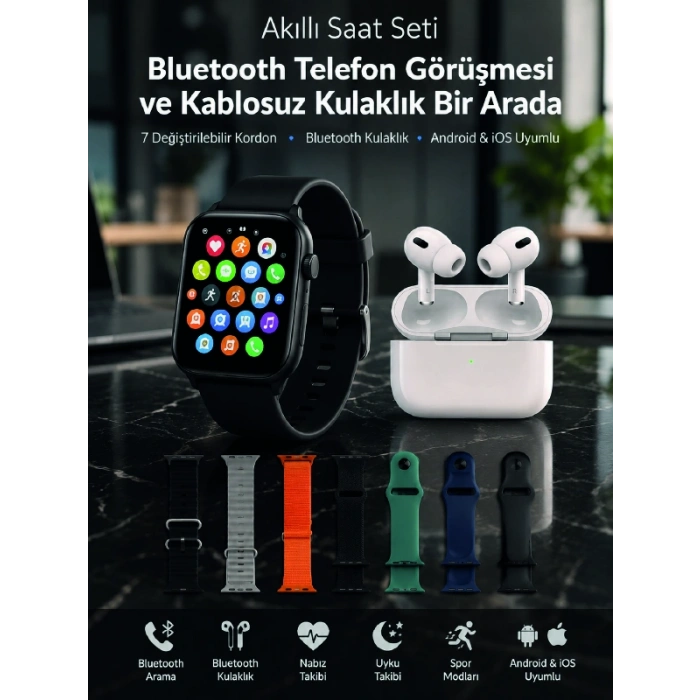 Bluetooth Telefon Görüşmeli Akıllı Saat Seti Kablosuz Bluetooth Kulaklık 7 Değiştirilebilir Kordon
