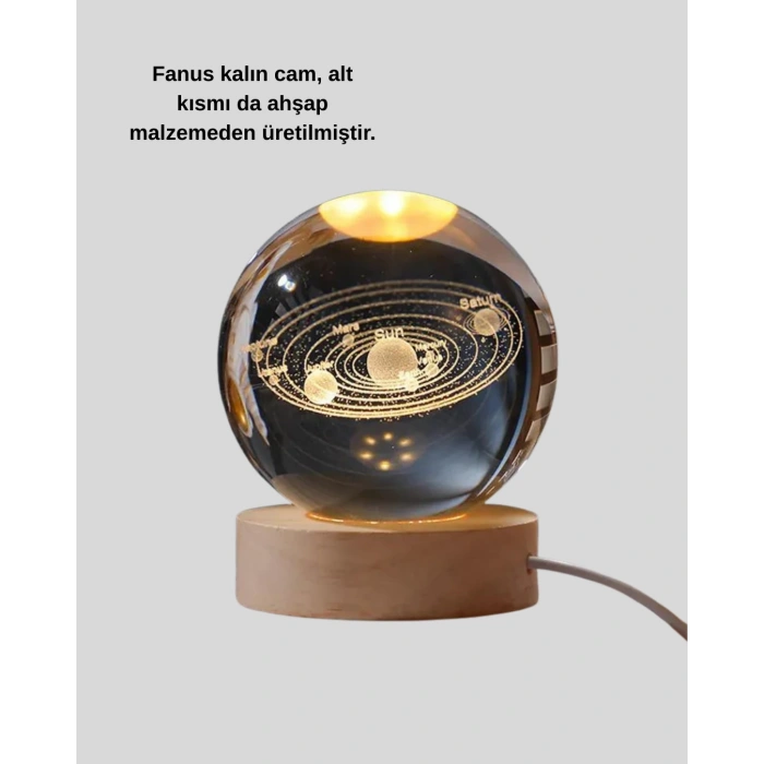 Dekoratif Led Kristal Küre Ahşap Altlıklı Şık Gece Lambası