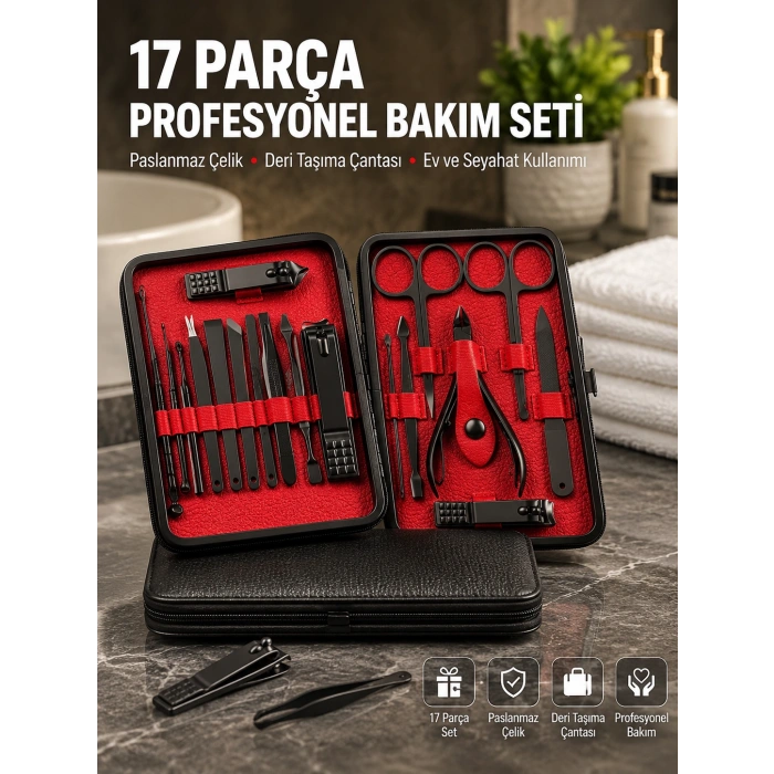 Deri Çantalı Siyah Paslanmaz Çelik 17 Parça Manikür Pedikür Seti