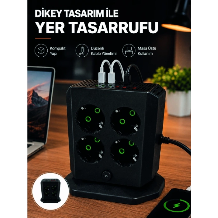 Dikey Priz Kulesi 8 Ac Priz 4 Usb 2 Type-c Çocuk Korumalı Güç Dağıtıcı
