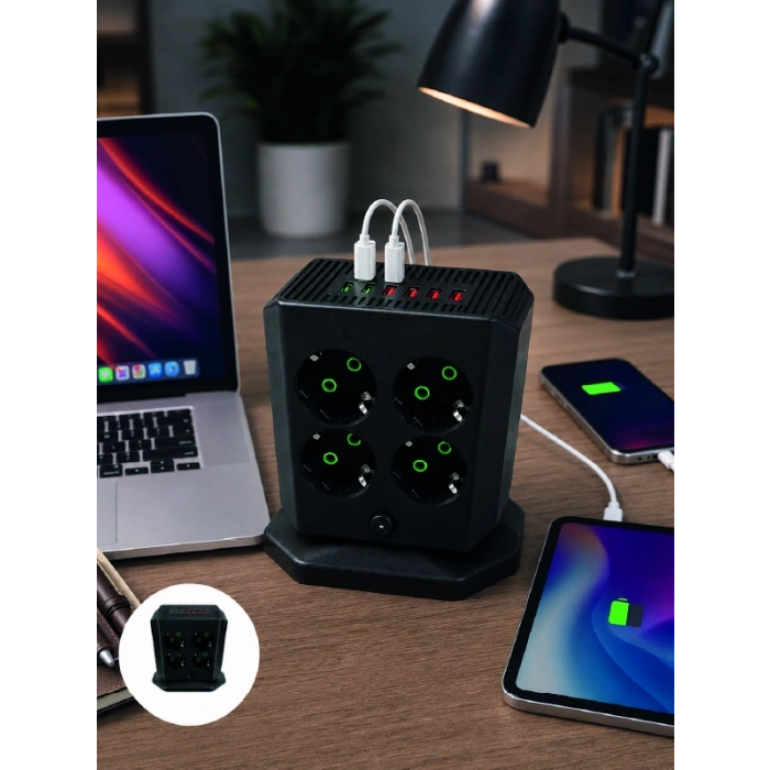 Dikey Priz Kulesi 8 Ac Priz 4 Usb 2 Type-c Çocuk Korumalı Güç Dağıtıcı