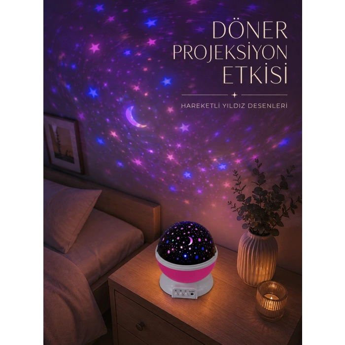 Döner Projeksiyon Lambası Renkli Yıldız Ve Gökyüzü Efektli
