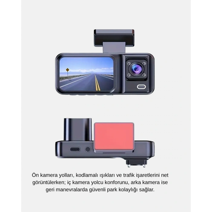 Full Hd Üç Kameralı Araç Kamerası G-sensörlü Ve Gece Görüşlü