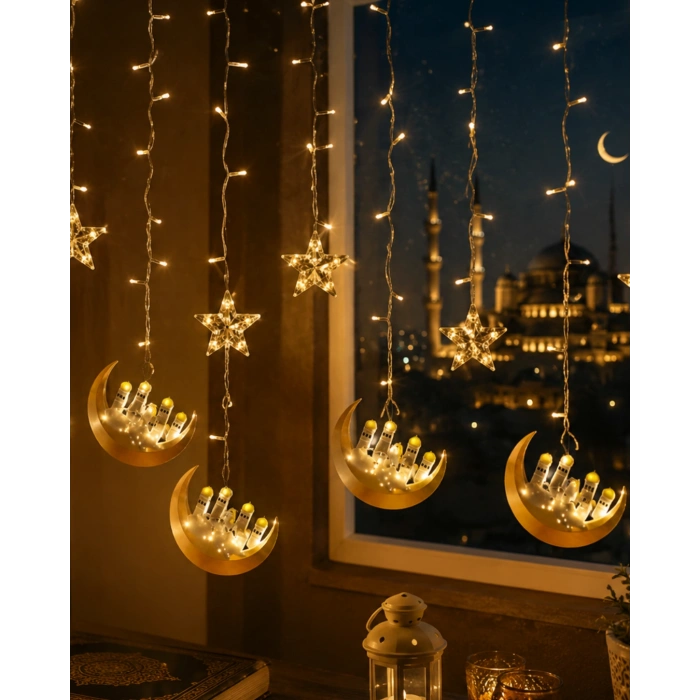 Hilal Yıldız Led Ramazan Işığı 3 Metre Dekoratif Perde Aydınlatması