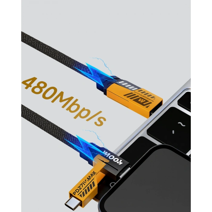 Hızlı Şarj Destekli 65w Örgülü Usb-c Ve Usb-a Çoklu Şarj Kablosu