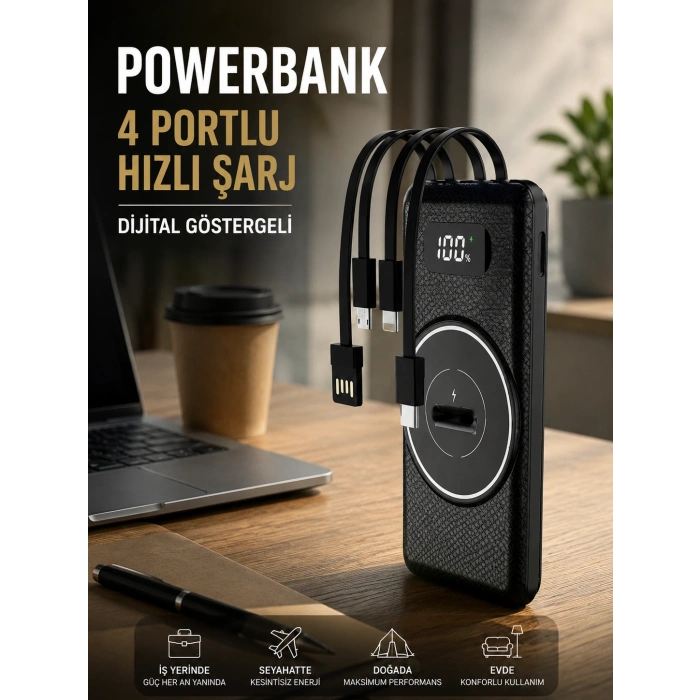 Hızlı Şarj Dijital Göstergeli Powerbankli Çoklu Şarj Özelliği
