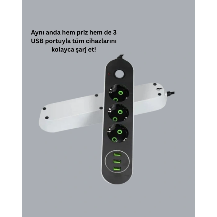Hızlı Şarj Özellikli 3 Usb Girişli Üçlü Priz