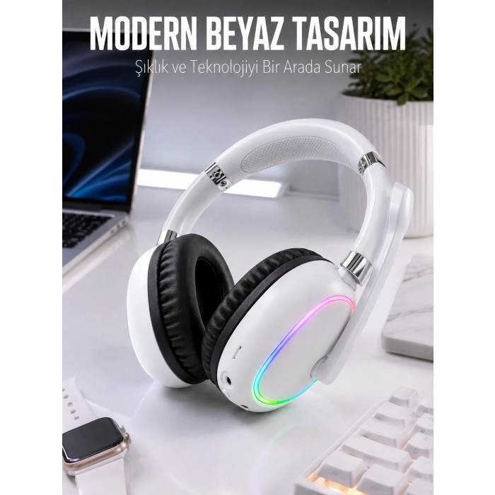 Kablosuz Bluetooth Mikrofonlu Beyaz Kulaklık  Rgb Işıklı