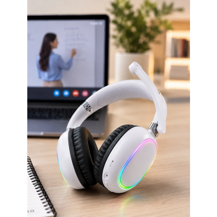 Kablosuz Bluetooth Mikrofonlu Beyaz Kulaklık  Rgb Işıklı