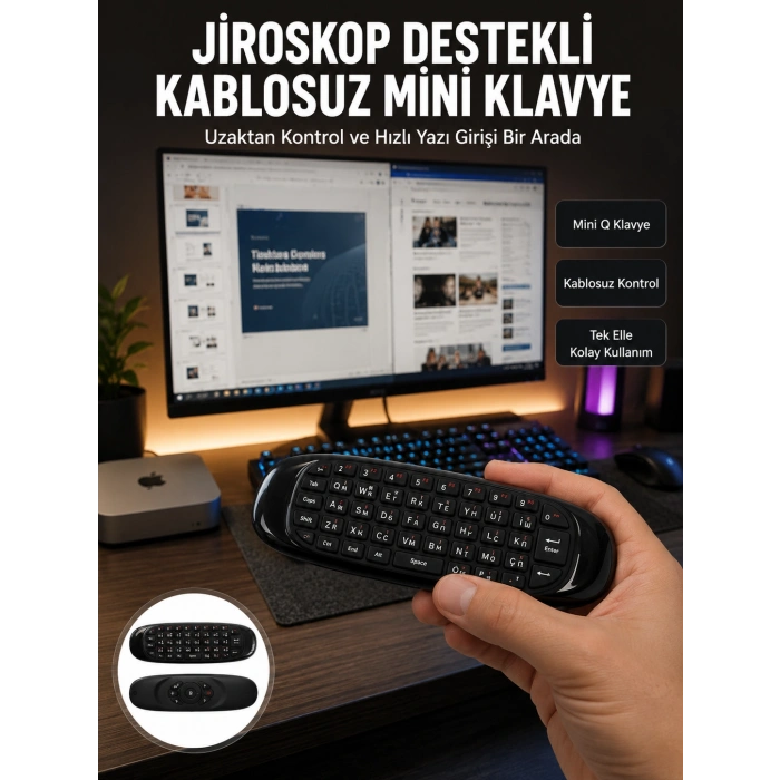 Kablosuz Hava Fareli Mini Klavye Jiroskop Destekli Uzaktan Kumanda Yeni Nesil