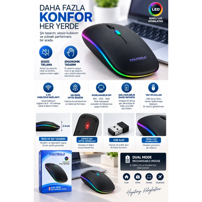 Kablosuz Şarjlı Sessiz Tıklamalı Ergonomik Mouse