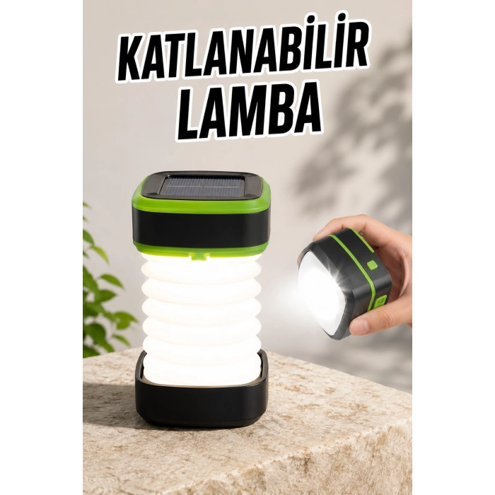 Katlanabilir Kamp Lambası Solar Fener Görünümlü 3 Kademeli Şarjlı