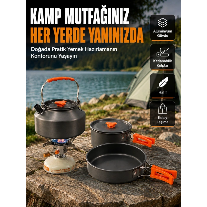 Katlanabilir Kulplu Alüminyum Kamp Tencere Tava Çaydanlık Seti Piknik Ve Doğa Kampı İçin